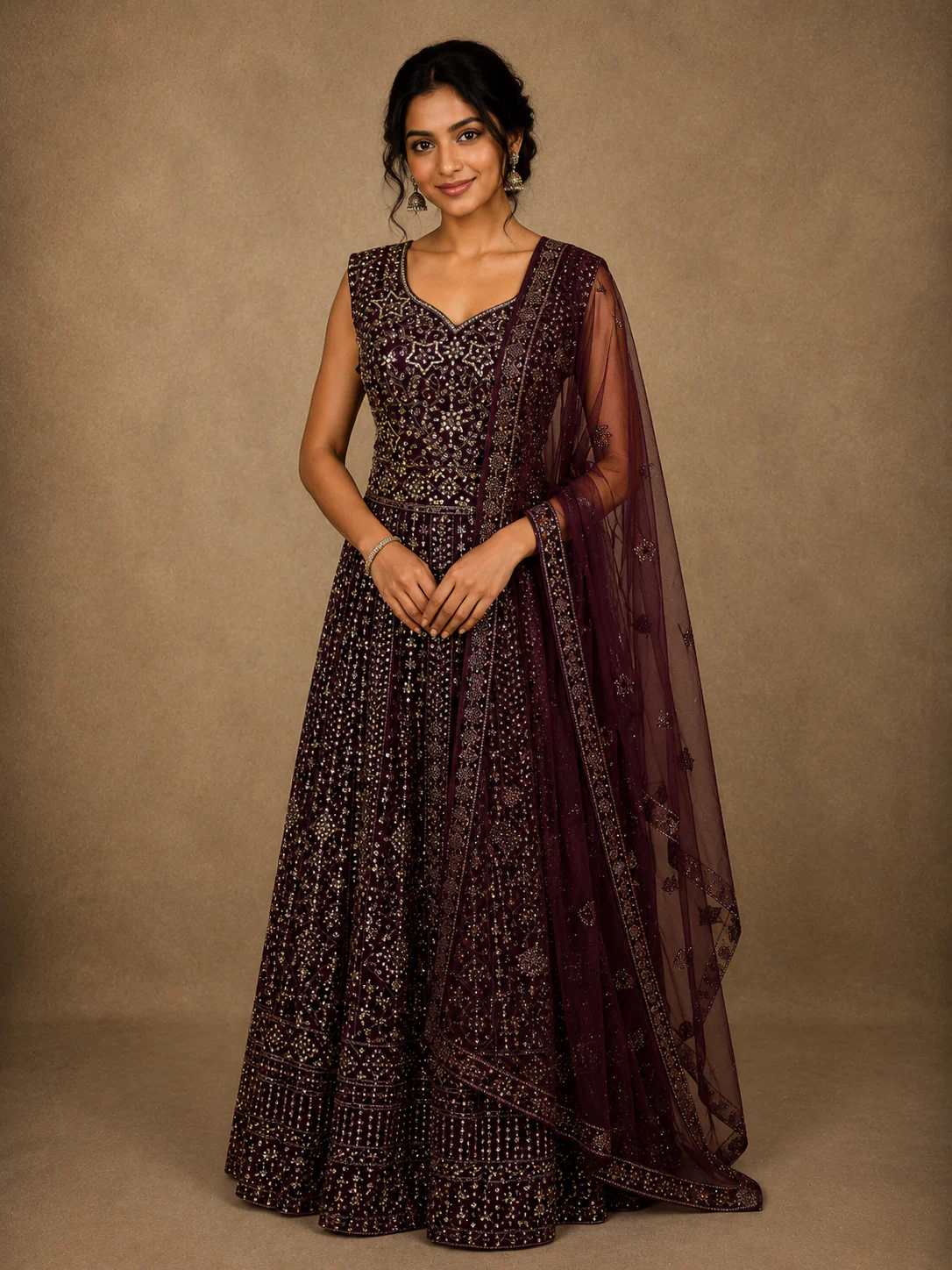 Deep Wine Heavy Sequins and Stone Embellished Design Net Party Wear Gown